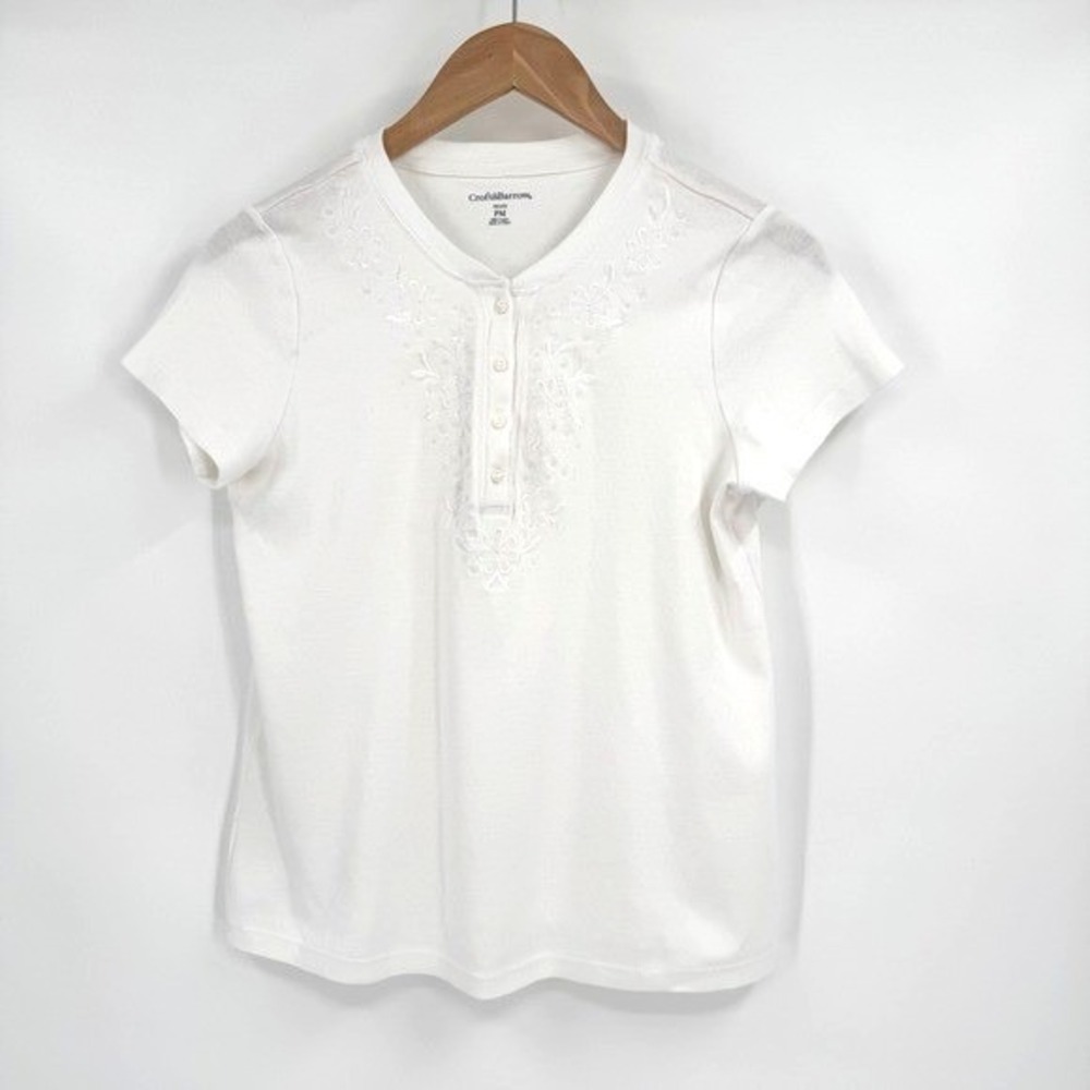 Croft & Barrow White V-Neck Floral Embroidered Short Sleeve Shirt Women's Sz MP